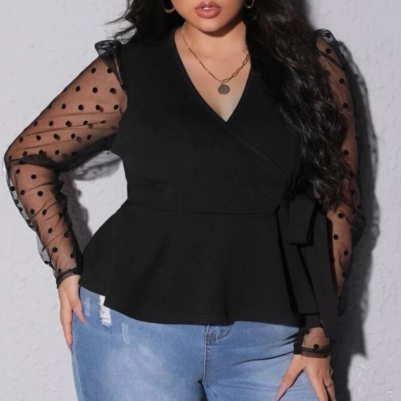 Boho plus size burgundy v neck tie side mesh sieved peplum blouse - Picture 6 of 10